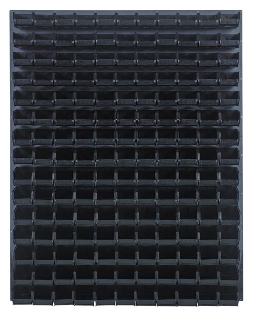 QLP-4861-220-165_BK.jpg The Quantum Louvered Panel features a uniform grid of black square notches on heavy-duty 16-gauge cold-rolled steel with a gray enamel finish, measuring 48L x 8D x 61H. It boasts a monochromatic geometric design and includes 165 Qus220 black bins. (Mounting hardware not included.).