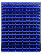 The Quantum Louvered Panel is a wall-mounted storage rack (48L x 8D x 61H) featuring 165 Qus220 blue bins arranged in a clean grid-like pattern. Made of heavy-duty 16-gauge cold rolled steel with a gray enamel finish, it provides ideal organization for items. Mounting hardware not included.
