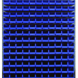 The Quantum Louvered Panel is a wall-mounted storage rack (48L x 8D x 61H) featuring 165 Qus220 blue bins arranged in a clean grid-like pattern. Made of heavy-duty 16-gauge cold rolled steel with a gray enamel finish, it provides ideal organization for items. Mounting hardware not included.