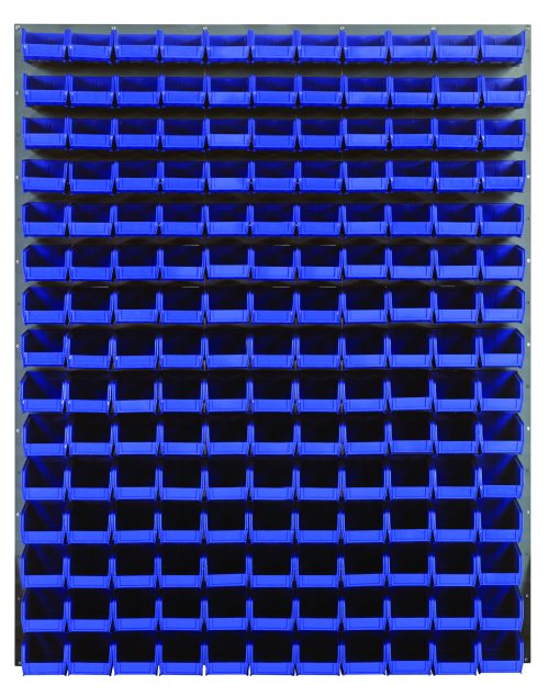 The Quantum Louvered Panel is a wall-mounted storage rack (48L x 8D x 61H) featuring 165 Qus220 blue bins arranged in a clean grid-like pattern. Made of heavy-duty 16-gauge cold rolled steel with a gray enamel finish, it provides ideal organization for items. Mounting hardware not included.
