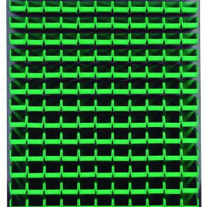 The Quantum Louvered Panel is a wall-mounted organizer measuring 48L x 8D x 61H, featuring a louvered design with multiple rows of clear storage bins (165 Qus220). Its crafted from heavy-duty 16-gauge cold rolled steel with a gray enamel finish, ideal for organizing small items. Mounting hardware not included.