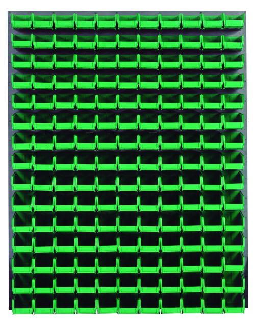 QLP-4861-220-165_GN.jpg The Quantum Louvered Panel is a wall-mounted organizer measuring 48L x 8D x 61H, featuring a louvered design with multiple rows of clear storage bins (165 Qus220). Its crafted from heavy-duty 16-gauge cold rolled steel with a gray enamel finish, ideal for organizing small items. Mounting hardware not included.