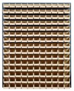 The Quantum Louvered Panel is a wall-mounted storage unit measuring 48L x 8D x 61H. It includes 165 Qus220 clear bins, organized in a grid for efficient item sorting. Made from heavy-duty 16 gauge cold-rolled steel with a gray enamel-coated finish, it does not include mounting hardware.