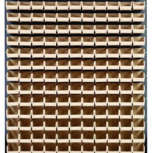 The Quantum Louvered Panel is a wall-mounted storage unit measuring 48L x 8D x 61H. It includes 165 Qus220 clear bins, organized in a grid for efficient item sorting. Made from heavy-duty 16 gauge cold-rolled steel with a gray enamel-coated finish, it does not include mounting hardware.