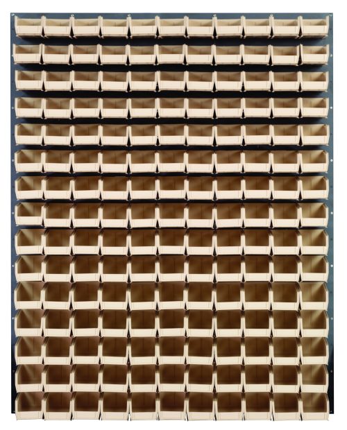 QLP-4861-220-165_IV.jpg The Quantum Louvered Panel is a wall-mounted storage unit measuring 48L x 8D x 61H. It includes 165 Qus220 clear bins, organized in a grid for efficient item sorting. Made from heavy-duty 16 gauge cold-rolled steel with a gray enamel-coated finish, it does not include mounting hardware.