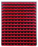 The Quantum Louvered Panel is a 48L x 8D x 61H wall-mounted storage organizer made of heavy-duty 16-gauge cold-rolled steel with a gray enamel finish, featuring (165) QUS220 clear bins for small item storage; mounting hardware not included.