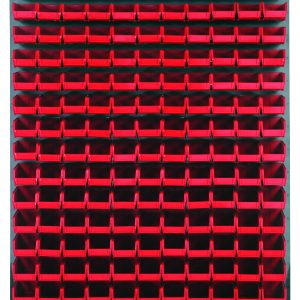 The Quantum Louvered Panel is a 48L x 8D x 61H wall-mounted storage organizer made of heavy-duty 16-gauge cold-rolled steel with a gray enamel finish, featuring (165) QUS220 clear bins for small item storage; mounting hardware not included.