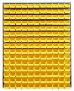 The Quantum Louvered Panel, a 48L x 8D x 61H heavy-duty steel wall-mounted unit with a gray enamel finish, includes 165 clear QUS220 bins, offering organized storage compartments in a neat grid pattern. Mounting hardware is not included.