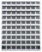 An arrangement of Quantum Louvered Panels made from heavy-duty 16 gauge cold rolled steel, each measuring 48L x 11D x 61H and including clear bins, is stacked in a grid. Their alignment offers uniformity and geometric precision, creating a repetitive architectural façade.