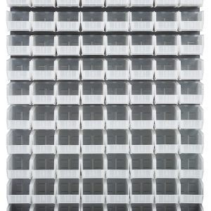 An arrangement of Quantum Louvered Panels made from heavy-duty 16 gauge cold rolled steel, each measuring 48L x 11D x 61H and including clear bins, is stacked in a grid. Their alignment offers uniformity and geometric precision, creating a repetitive architectural façade.