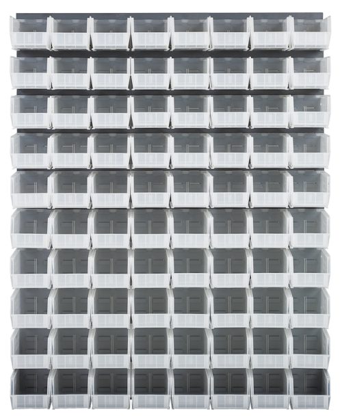 An arrangement of Quantum Louvered Panels made from heavy-duty 16 gauge cold rolled steel, each measuring 48L x 11D x 61H and including clear bins, is stacked in a grid. Their alignment offers uniformity and geometric precision, creating a repetitive architectural façade.