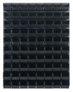 The Quantum Louvered Panel is a wall-mounted storage unit measuring 48L x 11D x 61H, featuring a grid of 80 black Qus230 bins. Constructed from durable heavy-duty 16-gauge cold-rolled steel, it boasts a gray enamel-coated finish for increased resilience (Mounting hardware not included).