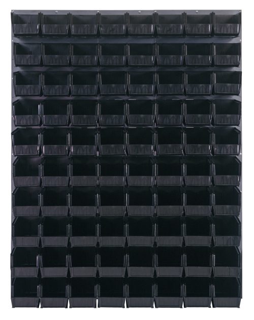 The Quantum Louvered Panel is a wall-mounted storage unit measuring 48L x 11D x 61H, featuring a grid of 80 black Qus230 bins. Constructed from durable heavy-duty 16-gauge cold-rolled steel, it boasts a gray enamel-coated finish for increased resilience (Mounting hardware not included).