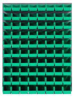 The Quantum Louvered Panel is a wall-mounted organizer, measuring 48L x 11D x 61H, featuring a gray enamel-coated finish. Made from heavy-duty 16-gauge cold rolled steel, it includes (80) QUS230 clear bins. Ideal for small items or tools, the grid pattern offers excellent durability and organization.