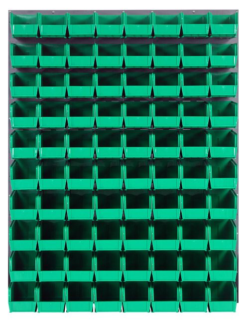 QLP-4861-230-80_GN.jpg The Quantum Louvered Panel is a wall-mounted organizer, measuring 48L x 11D x 61H, featuring a gray enamel-coated finish. Made from heavy-duty 16-gauge cold rolled steel, it includes (80) QUS230 clear bins. Ideal for small items or tools, the grid pattern offers excellent durability and organization.