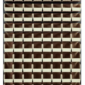 The Quantum Louvered Panel, measuring 48L x 11D x 61H, is a wall-mounted unit made from heavy-duty 16 gauge cold rolled steel with a gray enamel finish. It comes with 80 clear QUS230 bins arranged neatly for organized storage. Mounting hardware is not included.