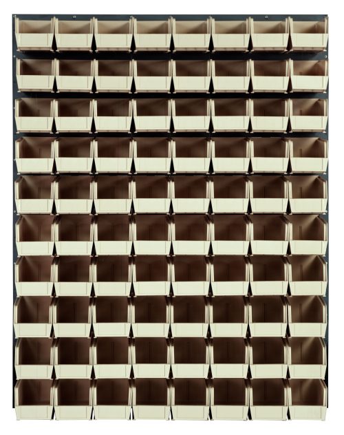 The Quantum Louvered Panel, measuring 48L x 11D x 61H, is a wall-mounted unit made from heavy-duty 16 gauge cold rolled steel with a gray enamel finish. It comes with 80 clear QUS230 bins arranged neatly for organized storage. Mounting hardware is not included.