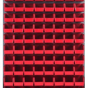 A Quantum Louvered Panel, 48L x 11D x 61H, features 80 clear QUS230 bins in neat rows for efficient storage. Made of heavy-duty 16-gauge cold rolled steel with a gray enamel finish, this wall-mounted unit excludes mounting hardware.