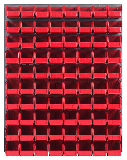 A Quantum Louvered Panel, 48L x 11D x 61H, features 80 clear QUS230 bins in neat rows for efficient storage. Made of heavy-duty 16-gauge cold rolled steel with a gray enamel finish, this wall-mounted unit excludes mounting hardware.