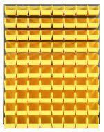 The Quantum Louvered Panel is a wall-mounted storage system measuring 48L x 11D x 61H. Made of heavy-duty 16-gauge cold-rolled steel with a gray enamel finish, it includes 80 clear QUS230 bins for organizing small parts or supplies. Note: Mounting hardware is not included.