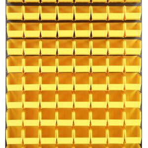 The Quantum Louvered Panel is a wall-mounted storage system measuring 48L x 11D x 61H. Made of heavy-duty 16-gauge cold-rolled steel with a gray enamel finish, it includes 80 clear QUS230 bins for organizing small parts or supplies. Note: Mounting hardware is not included.