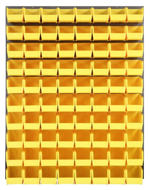 The Quantum Louvered Panel is a wall-mounted storage system measuring 48L x 11D x 61H. Made of heavy-duty 16-gauge cold-rolled steel with a gray enamel finish, it includes 80 clear QUS230 bins for organizing small parts or supplies. Note: Mounting hardware is not included.