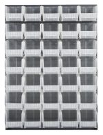 The Quantum Louvered Panel is a wall-mounted organizer measuring 48L x 15D x 61H, made from heavy-duty 16 gauge cold rolled steel with a gray enamel finish. It includes five rows of seven clear Qus240 bins; mounting hardware is not included.