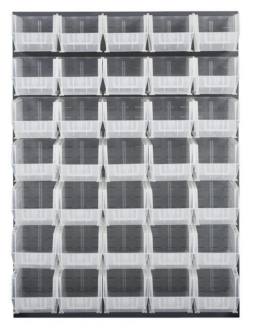 The Quantum Louvered Panel is a wall-mounted organizer measuring 48L x 15D x 61H, made from heavy-duty 16 gauge cold rolled steel with a gray enamel finish. It includes five rows of seven clear Qus240 bins; mounting hardware is not included.