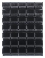 The Quantum Louvered Panel, 48L x 15D x 61H, holds a grid of black bins arranged in five rows and seven columns. It features (35) QUS240 bins open at the front for easy access to parts or tools. Made of heavy-duty 16-gauge cold-rolled steel with a gray enamel finish. Mounting hardware is not included.