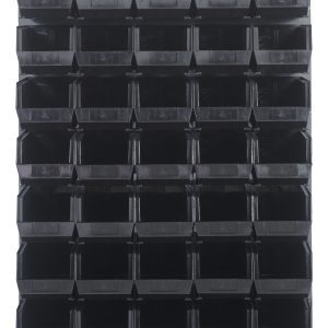 The Quantum Louvered Panel, 48L x 15D x 61H, holds a grid of black bins arranged in five rows and seven columns. It features (35) QUS240 bins open at the front for easy access to parts or tools. Made of heavy-duty 16-gauge cold-rolled steel with a gray enamel finish. Mounting hardware is not included.