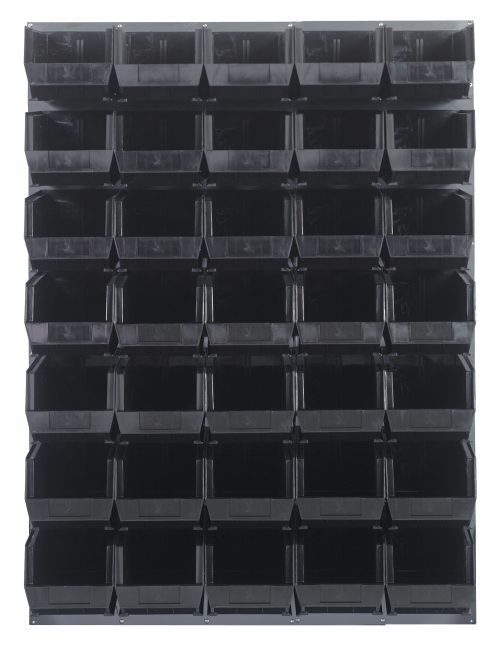 The Quantum Louvered Panel, 48L x 15D x 61H, holds a grid of black bins arranged in five rows and seven columns. It features (35) QUS240 bins open at the front for easy access to parts or tools. Made of heavy-duty 16-gauge cold-rolled steel with a gray enamel finish. Mounting hardware is not included.