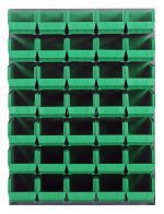 The Quantum Louvered Panel is a wall-mounted storage unit (48L x 15D x 61H) with 35 QUS240 clear bins arranged in five rows of eight. Made from heavy-duty 16-gauge cold-rolled steel with a gray enamel finish, it offers easy front access for organizing small parts. Mounting hardware not included.