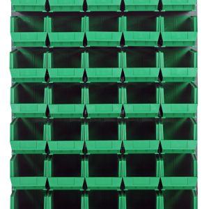 The Quantum Louvered Panel is a wall-mounted storage unit (48L x 15D x 61H) with 35 QUS240 clear bins arranged in five rows of eight. Made from heavy-duty 16-gauge cold-rolled steel with a gray enamel finish, it offers easy front access for organizing small parts. Mounting hardware not included.