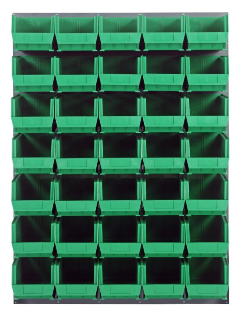 The Quantum Louvered Panel is a wall-mounted storage unit (48L x 15D x 61H) with 35 QUS240 clear bins arranged in five rows of eight. Made from heavy-duty 16-gauge cold-rolled steel with a gray enamel finish, it offers easy front access for organizing small parts. Mounting hardware not included.