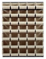 The Quantum wall-mounted louvered panel measures 48L x 15D x 61H and features a frame made from heavy-duty 16 gauge cold rolled steel with a gray enamel finish. It includes thirty-five clear QUS240 bins organized in six rows and seven columns for small item storage.