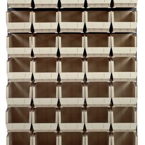 The Quantum wall-mounted louvered panel measures 48L x 15D x 61H and features a frame made from heavy-duty 16 gauge cold rolled steel with a gray enamel finish. It includes thirty-five clear QUS240 bins organized in six rows and seven columns for small item storage.