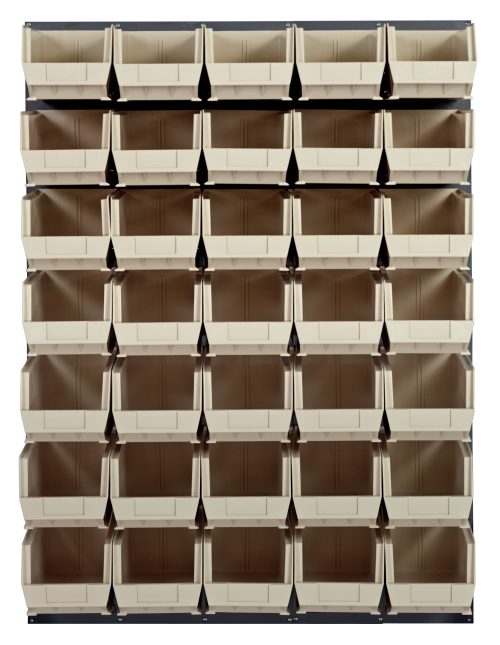 The Quantum wall-mounted louvered panel measures 48L x 15D x 61H and features a frame made from heavy-duty 16 gauge cold rolled steel with a gray enamel finish. It includes thirty-five clear QUS240 bins organized in six rows and seven columns for small item storage.