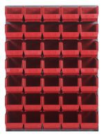 Clear bins are arranged on a Quantum Louvered Panel, wall-mounted and measuring 48L x 15D x 61H. The setup features 35 Qus240 bins for organizing items on heavy-duty, gray enamel-coated, 16-gauge cold-rolled steel (mounting hardware not included).