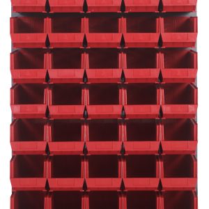 Clear bins are arranged on a Quantum Louvered Panel, wall-mounted and measuring 48L x 15D x 61H. The setup features 35 Qus240 bins for organizing items on heavy-duty, gray enamel-coated, 16-gauge cold-rolled steel (mounting hardware not included).