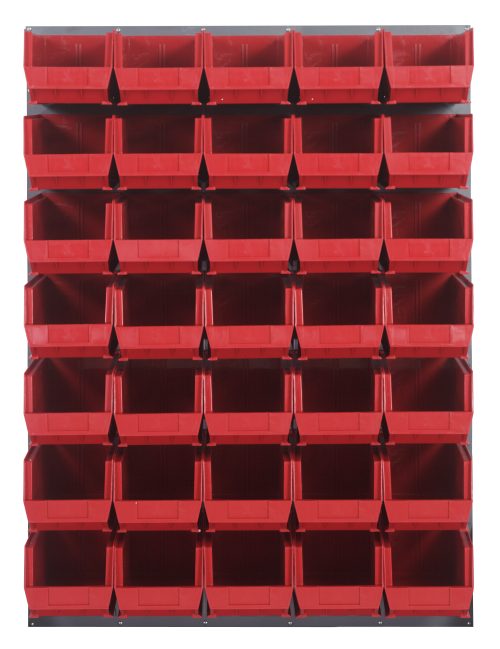 Clear bins are arranged on a Quantum Louvered Panel, wall-mounted and measuring 48L x 15D x 61H. The setup features 35 Qus240 bins for organizing items on heavy-duty, gray enamel-coated, 16-gauge cold-rolled steel (mounting hardware not included).