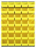 The Quantum Wall Mounted Louvered Panel measures 48L x 15D x 61H, featuring heavy-duty steel with a gray enamel finish and includes 35 clear Qus240 bins for organized storage, ideal for workshops or garages. (Mounting hardware not included.).