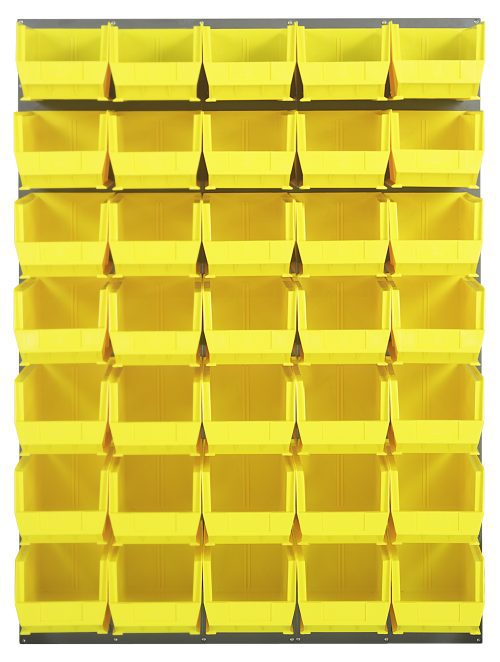 The Quantum Wall Mounted Louvered Panel measures 48L x 15D x 61H, featuring heavy-duty steel with a gray enamel finish and includes 35 clear Qus240 bins for organized storage, ideal for workshops or garages. (Mounting hardware not included.).