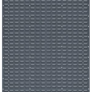 The Quantum Louvered Panel is a wall-mounted, heavy-duty 16-gauge cold rolled steel panel, 48L x 61H, featuring a gray enamel coated finish with evenly spaced horizontal slots ideal for ventilation. (Mounting hardware not included.).