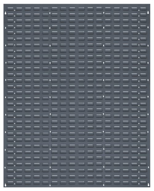 The Quantum Louvered Panel is a wall-mounted, heavy-duty 16-gauge cold rolled steel panel, 48L x 61H, featuring a gray enamel coated finish with evenly spaced horizontal slots ideal for ventilation. (Mounting hardware not included.).