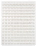 The Quantum Louvered Panel is a 48L x 8D x 61H wall-mounted, oyster white enamel-coated grid made from heavy-duty 16 gauge cold rolled steel. It includes (165) QUS220 clear bins and features a minimalist design, adding subtle shadows. Mounting hardware is not included.