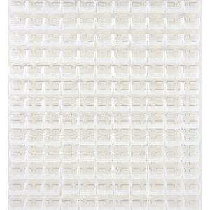 The Quantum Louvered Panel is a 48L x 8D x 61H wall-mounted, oyster white enamel-coated grid made from heavy-duty 16 gauge cold rolled steel. It includes (165) QUS220 clear bins and features a minimalist design, adding subtle shadows. Mounting hardware is not included.