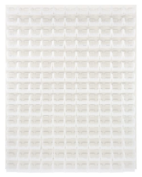 QLP-4861HC-220-165CL.jpg The Quantum Louvered Panel is a 48L x 8D x 61H wall-mounted, oyster white enamel-coated grid made from heavy-duty 16 gauge cold rolled steel. It includes (165) QUS220 clear bins and features a minimalist design, adding subtle shadows. Mounting hardware is not included.