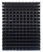 A Quantum Louvered Panel wall mount features an 8D x 48L x 61H structure with an oyster white enamel finish, designed from heavy-duty 16-gauge cold-rolled steel. It neatly holds and aligns (165) black Qus220 bins, creating a repetitive geometric pattern. (Mounting hardware not included.).