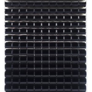 A Quantum Louvered Panel wall mount features an 8D x 48L x 61H structure with an oyster white enamel finish, designed from heavy-duty 16-gauge cold-rolled steel. It neatly holds and aligns (165) black Qus220 bins, creating a repetitive geometric pattern. (Mounting hardware not included.).