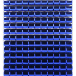 Blue plastic storage bins are neatly arranged in a grid on a Quantum Louvered Panel, wall-mounted and measuring 48L x 8D x 61H. Consisting of 165 Qus220 bins, the display showcases uniformity with each empty bin shown front-facing. The panel is made of heavy-duty cold-rolled steel.